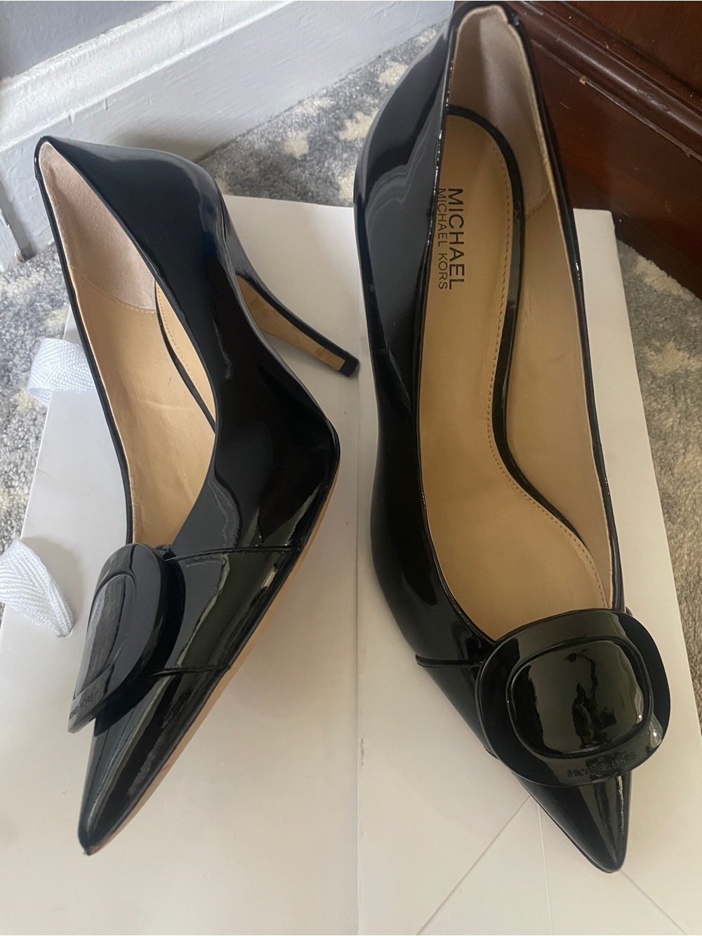 Michael Kors Black Patent Pointed-Toe Pumps with Signature Buckle - Picture 2 of 4